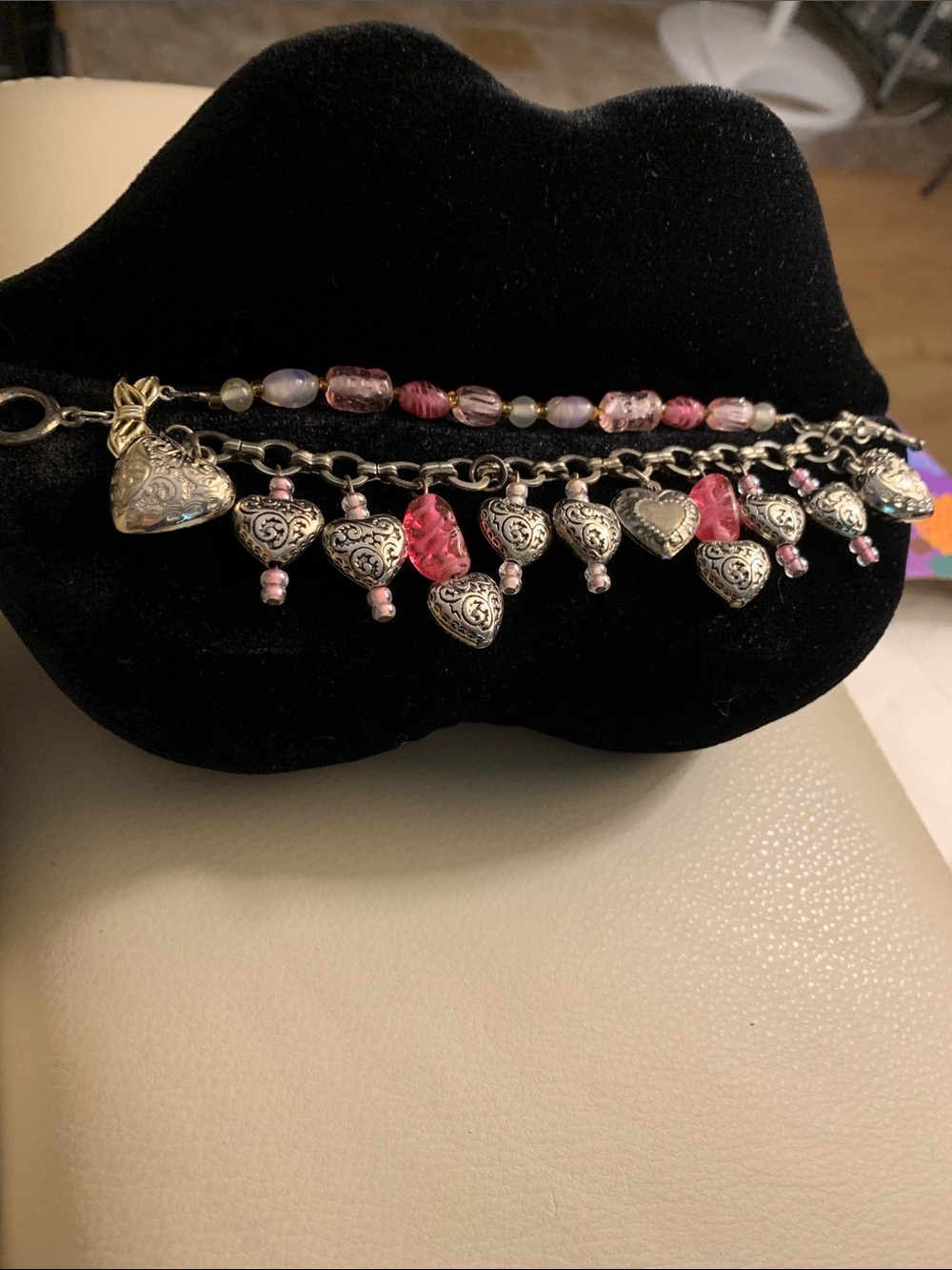 Hand Crafted Silver-Tone Heart Charm Bracelet with Pink and Purple Beads